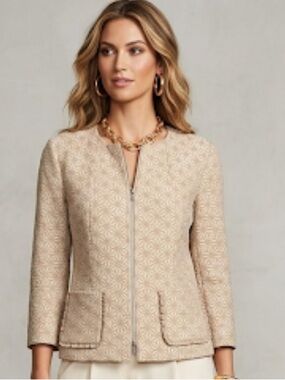 LAFAYETTE 148 NY NWT Moorish Mosaic Jacquard Collarless Jacket Blazer Beige Sz 0